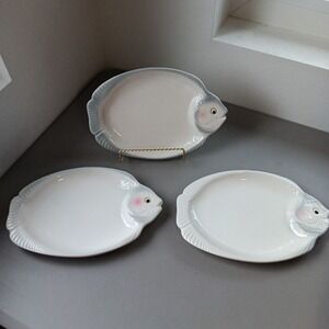 3 Fish Dishes MCM Japan Kitschy Cutie Pie Molded Hand Painted Open Mouth Vintage